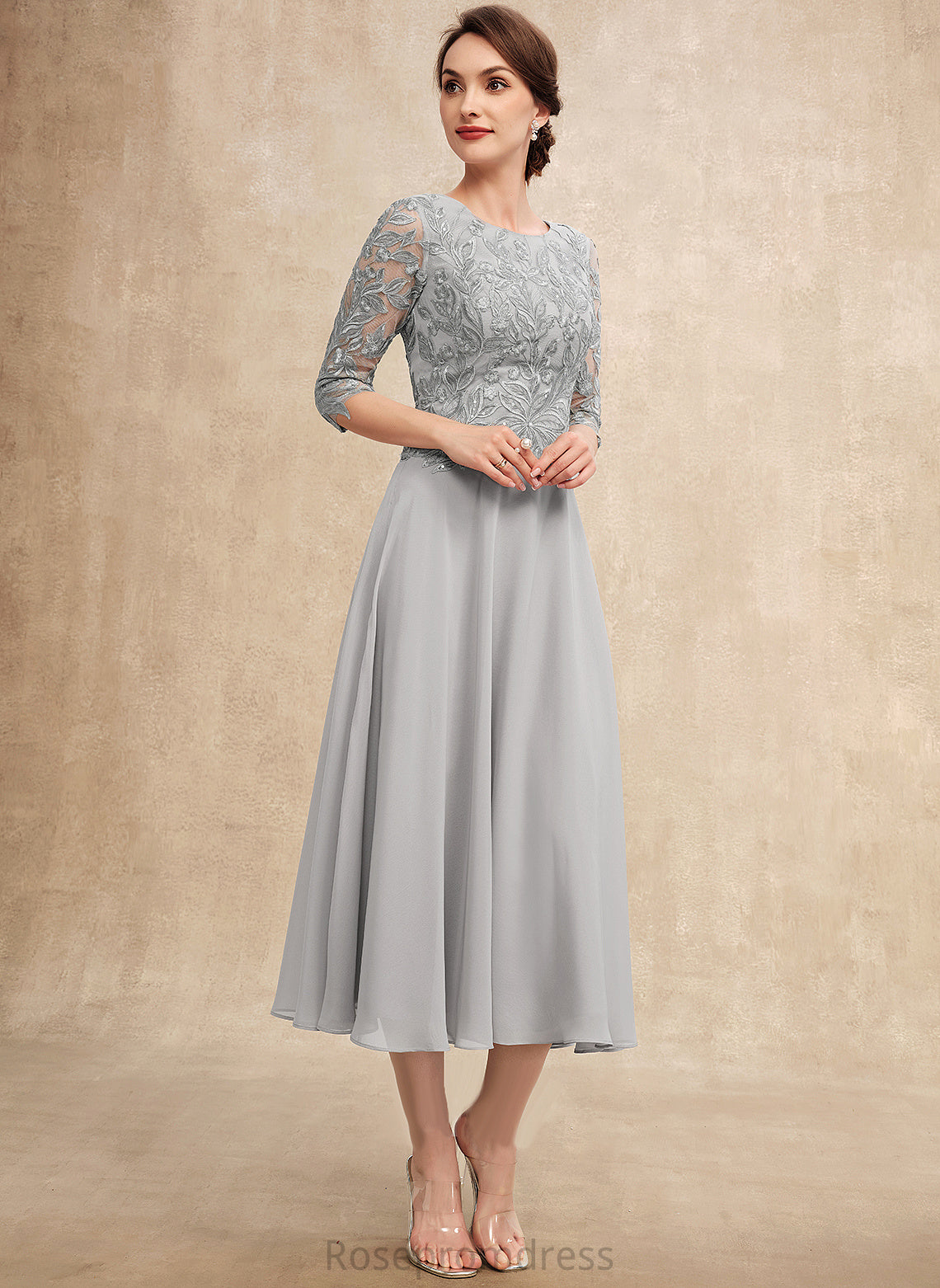 Mother With Bride Scoop of Chiffon Mother of the Bride Dresses Jeanie Sequins Lace the A-Line Tea-Length Dress Neck