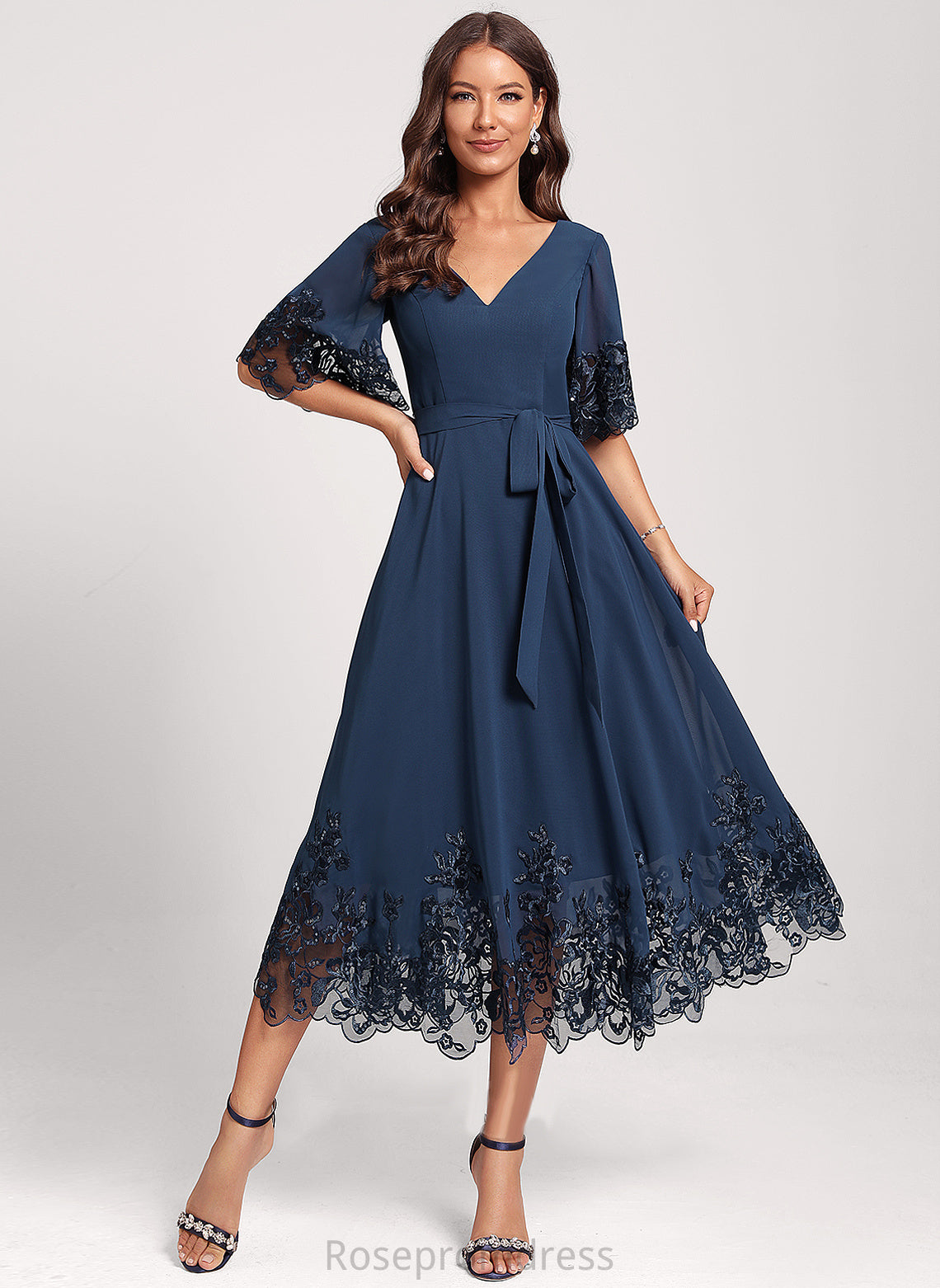 Chiffon Izabella A-Line Cocktail Club Dresses Sequins V-neck Lace With Tea-Length Dress