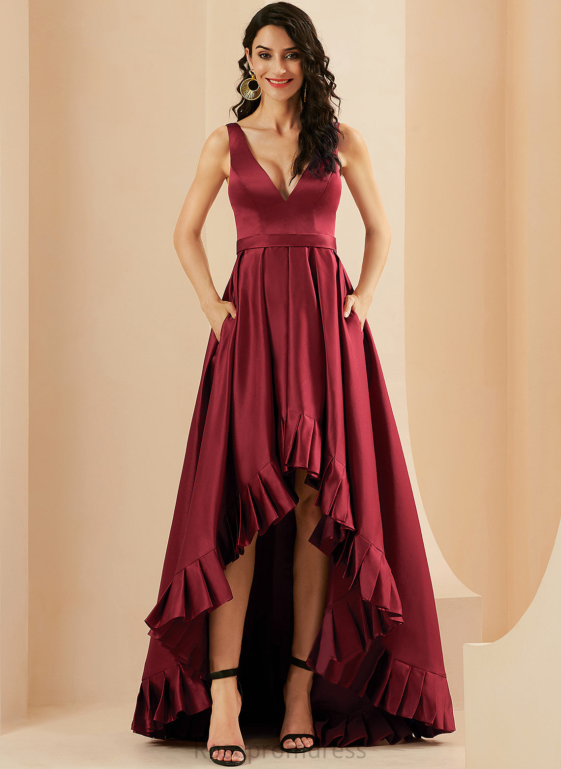 Amya Prom Dresses V-neck Ball-Gown/Princess Pockets With Satin Asymmetrical