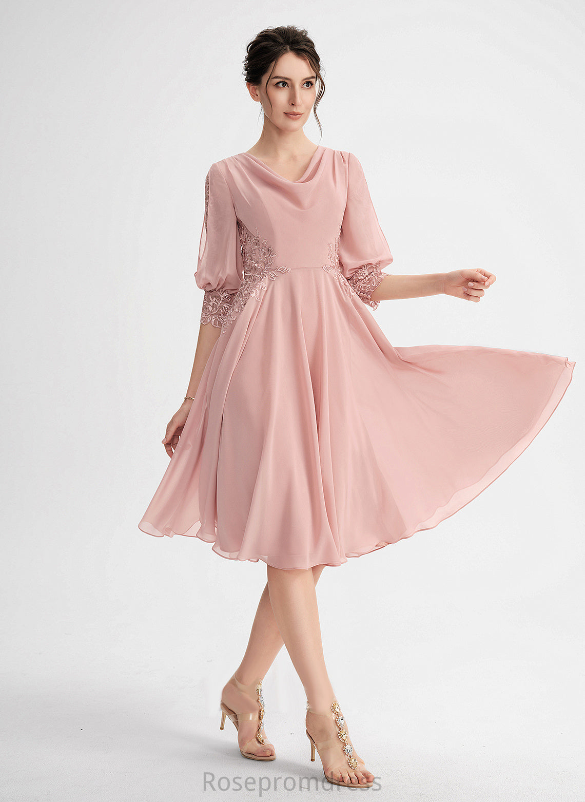 Chiffon Neck Cocktail Knee-Length Cowl Lace Dress Cocktail Dresses A-Line Gia With