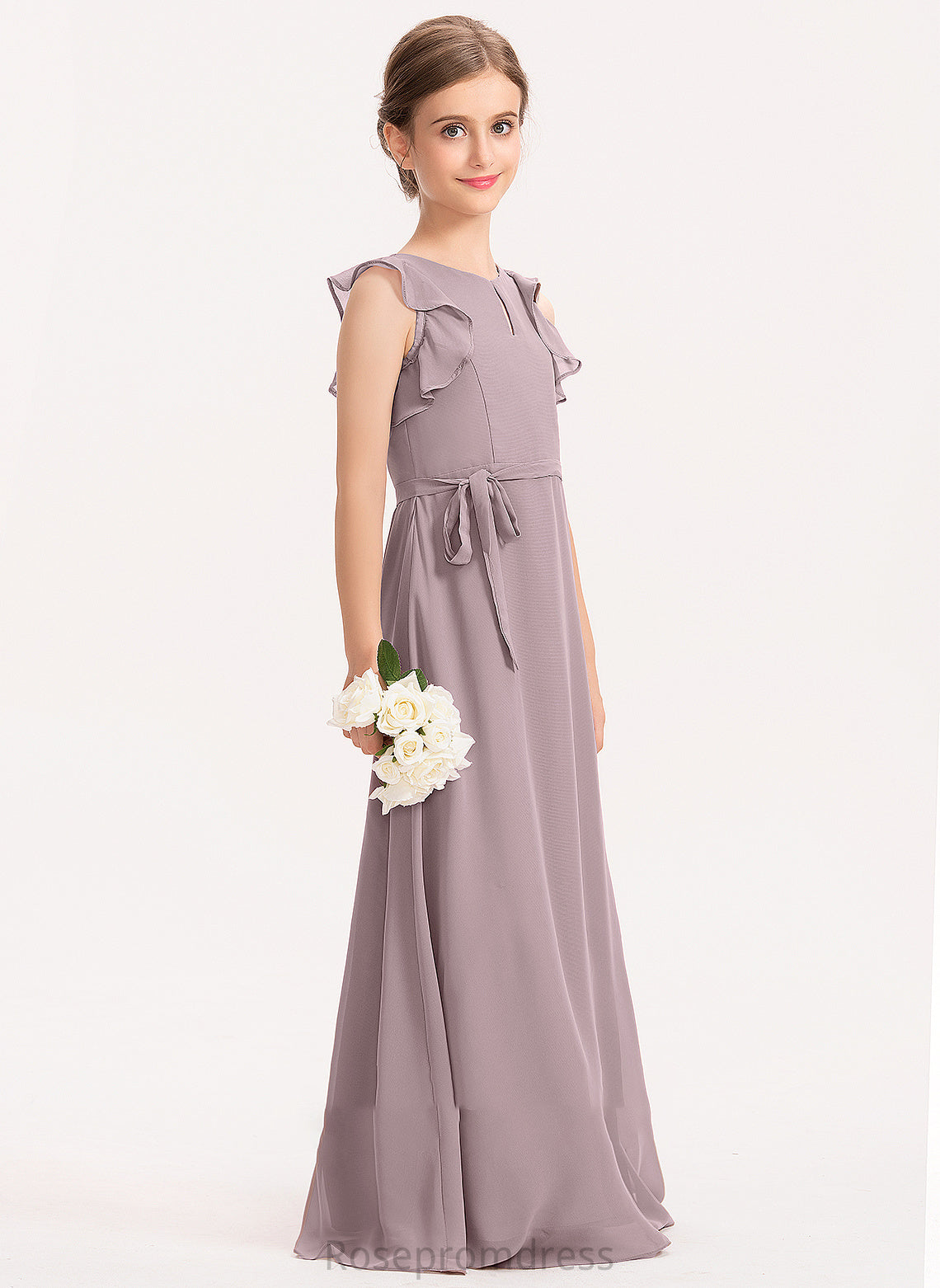 Junior Bridesmaid Dresses Floor-Length A-Line Isabell Cascading Scoop Neck With Chiffon Bow(s) Ruffles