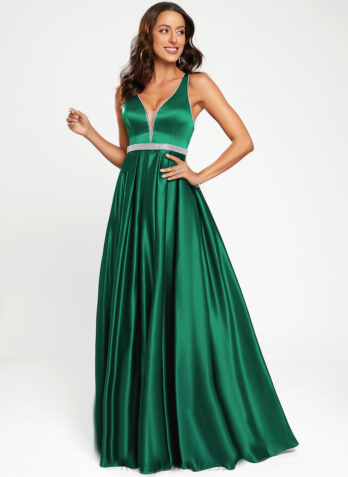 A-Line Gabrielle Prom Dresses V-neck With Beading Floor-Length Satin