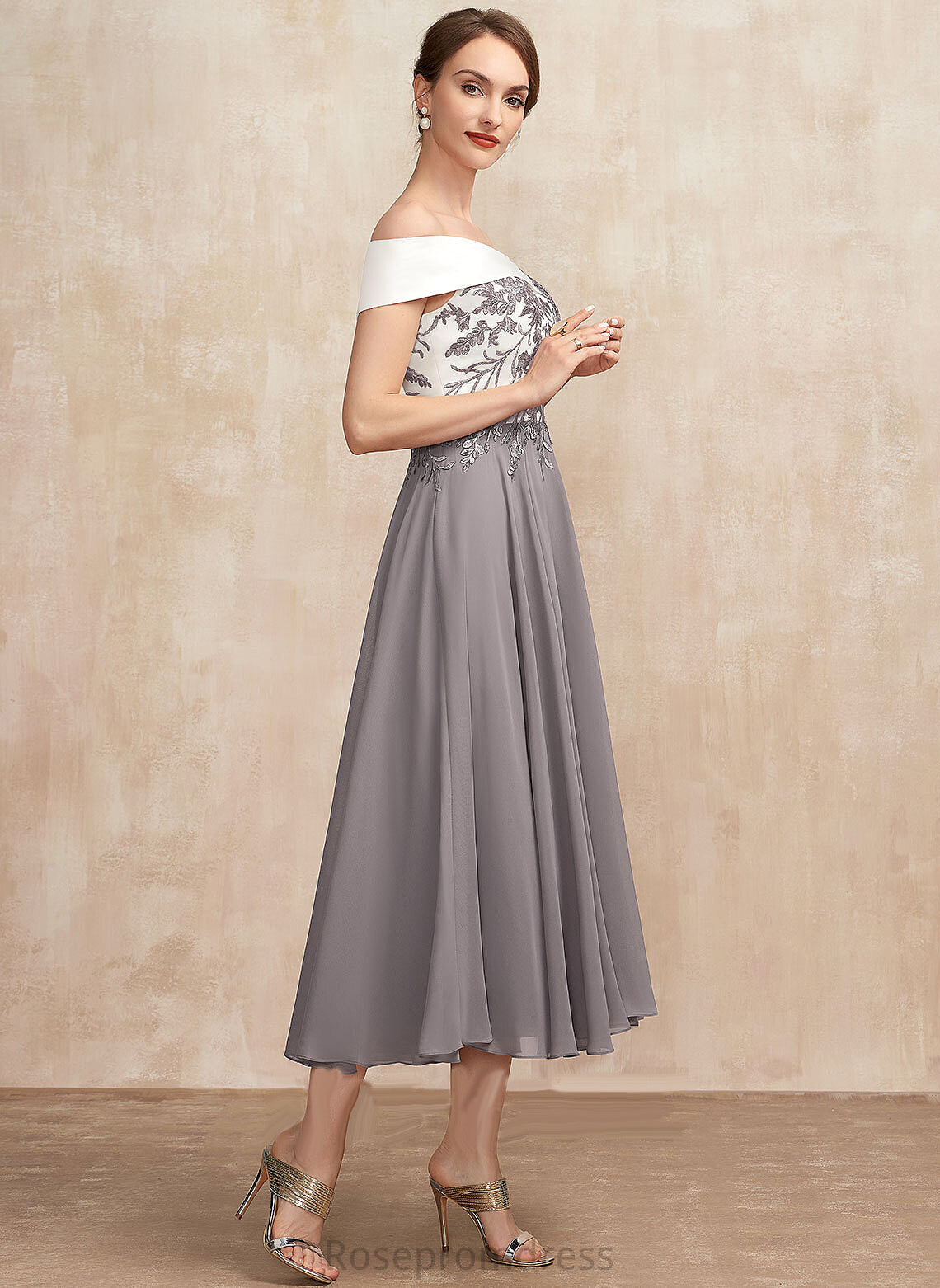 Lace A-Line Dress Tea-Length of Off-the-Shoulder Mother Bride Priscilla Mother of the Bride Dresses the Chiffon