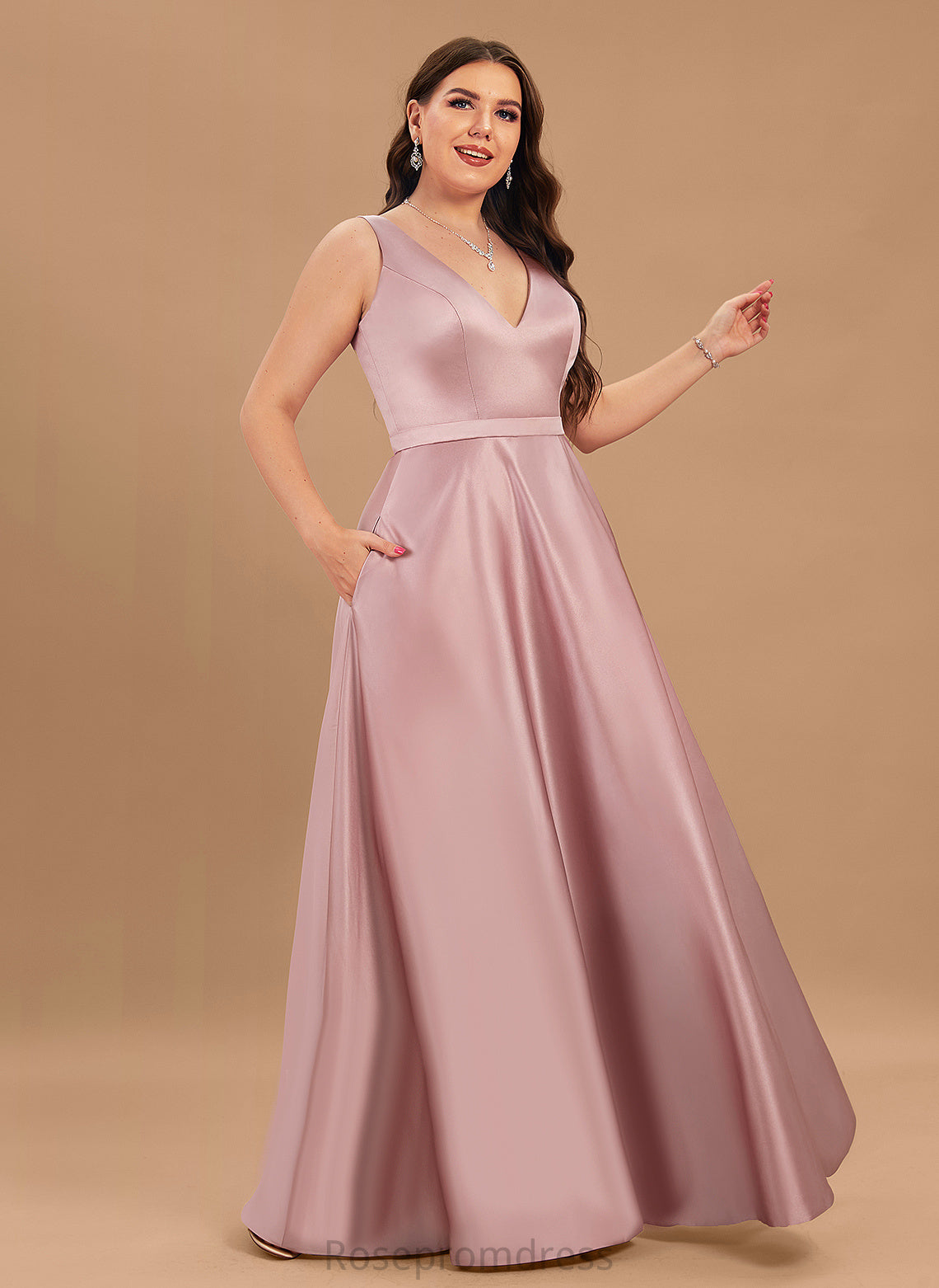 Straps&Sleeves Fabric V-neck Silhouette Floor-Length A-Line Length Neckline Satin Mira Bridesmaid Dresses