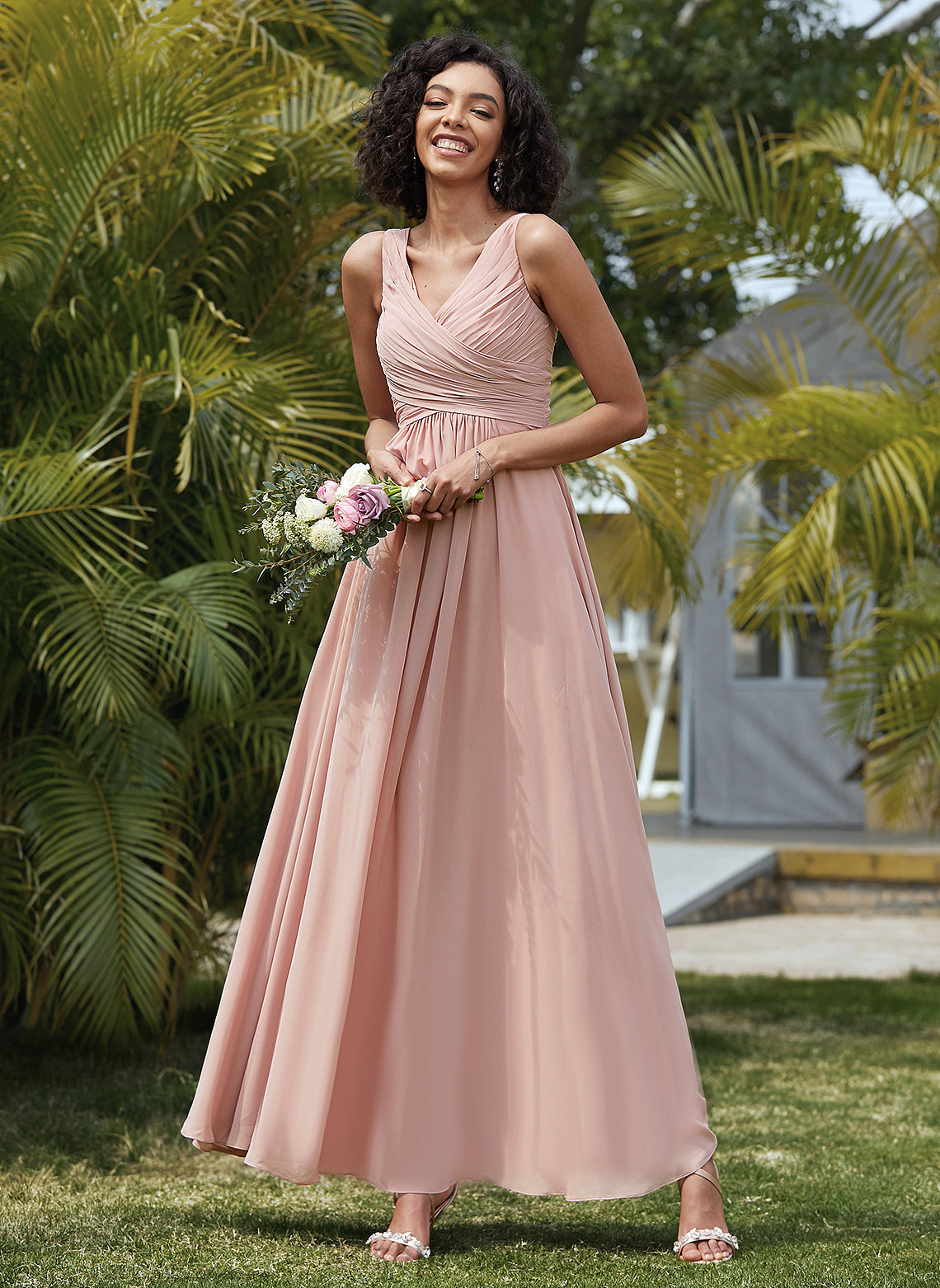 A-Line Embellishment Fabric V-neck Length Floor-Length Pleated Neckline Silhouette Louise Spaghetti Staps Trumpet/Mermaid Bridesmaid Dresses