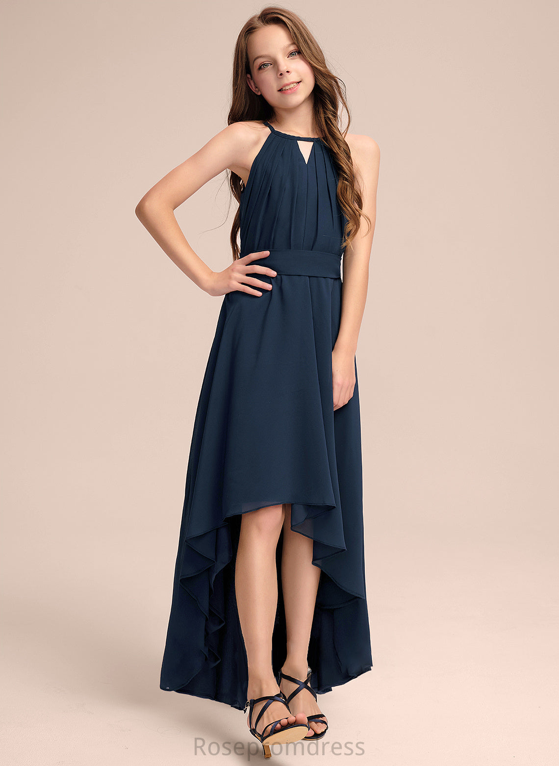 Junior Bridesmaid Dresses Adelaide Scoop Ruffles A-Line Chiffon Bow(s) Neck Asymmetrical With