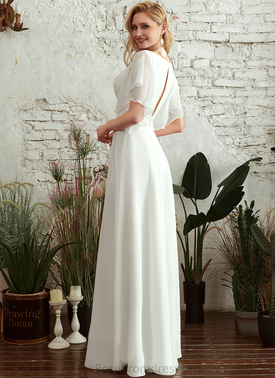 Eleanor Wedding Floor-Length Front Split V-neck Chiffon Dress Wedding Dresses A-Line Lace With