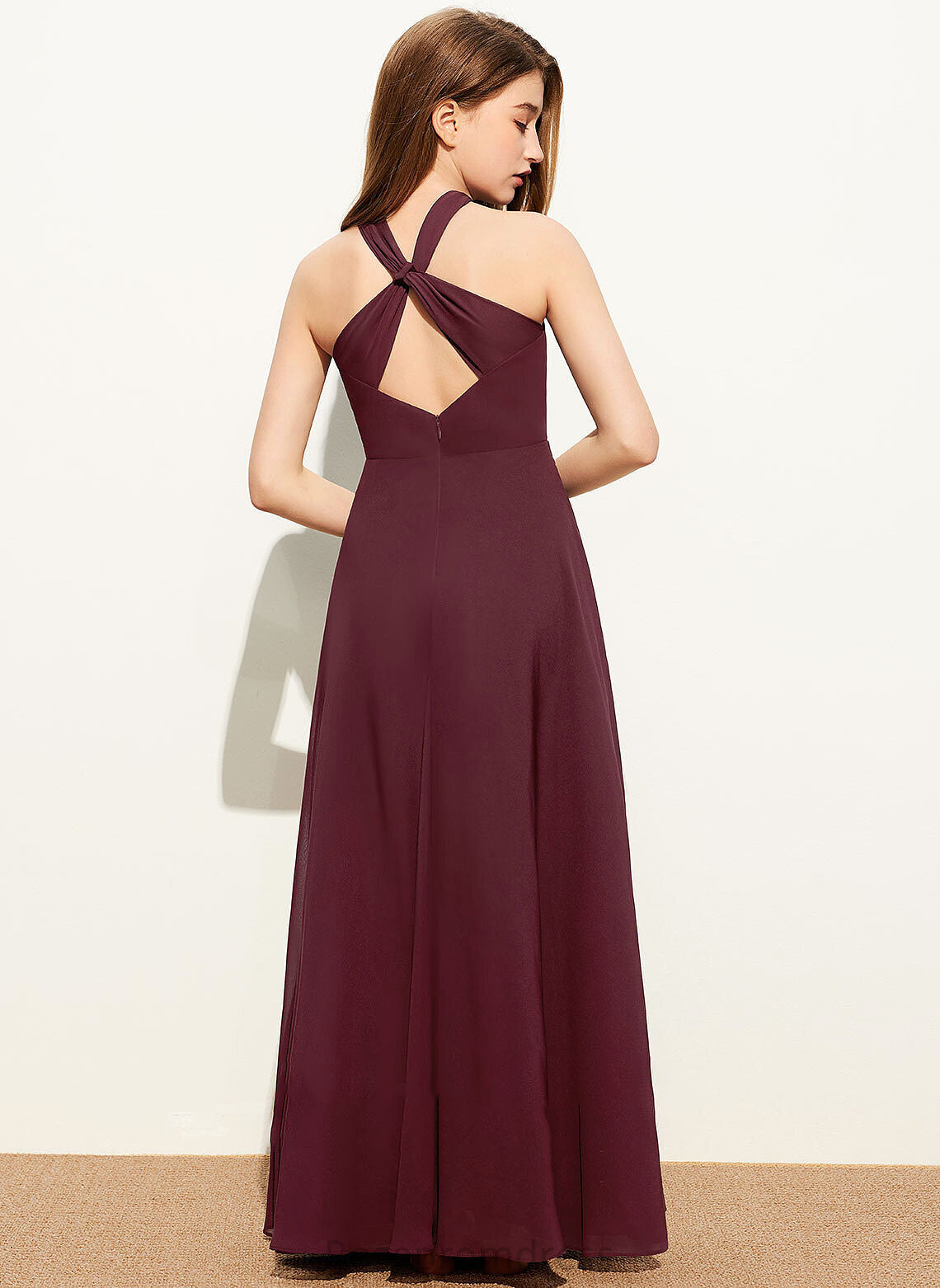 Ruffle Johanna Junior Bridesmaid Dresses With Chiffon Floor-Length V-neck A-Line