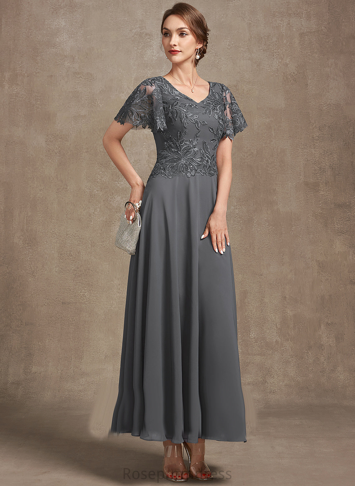 With Bride Lace Mother Sequins of Chiffon the A-Line Dress Ankle-Length Mother of the Bride Dresses Brielle V-neck