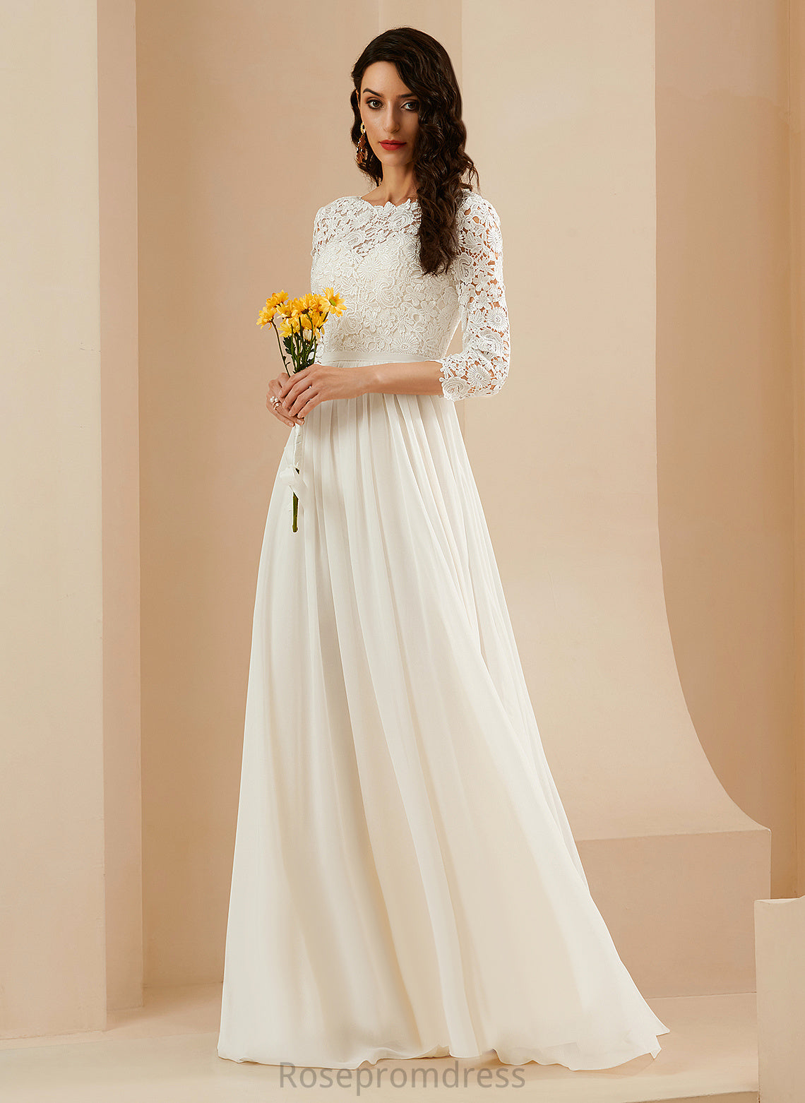 Train With Uerica Neck Wedding Dresses Lace Chiffon Wedding Sweep Dress Scoop A-Line