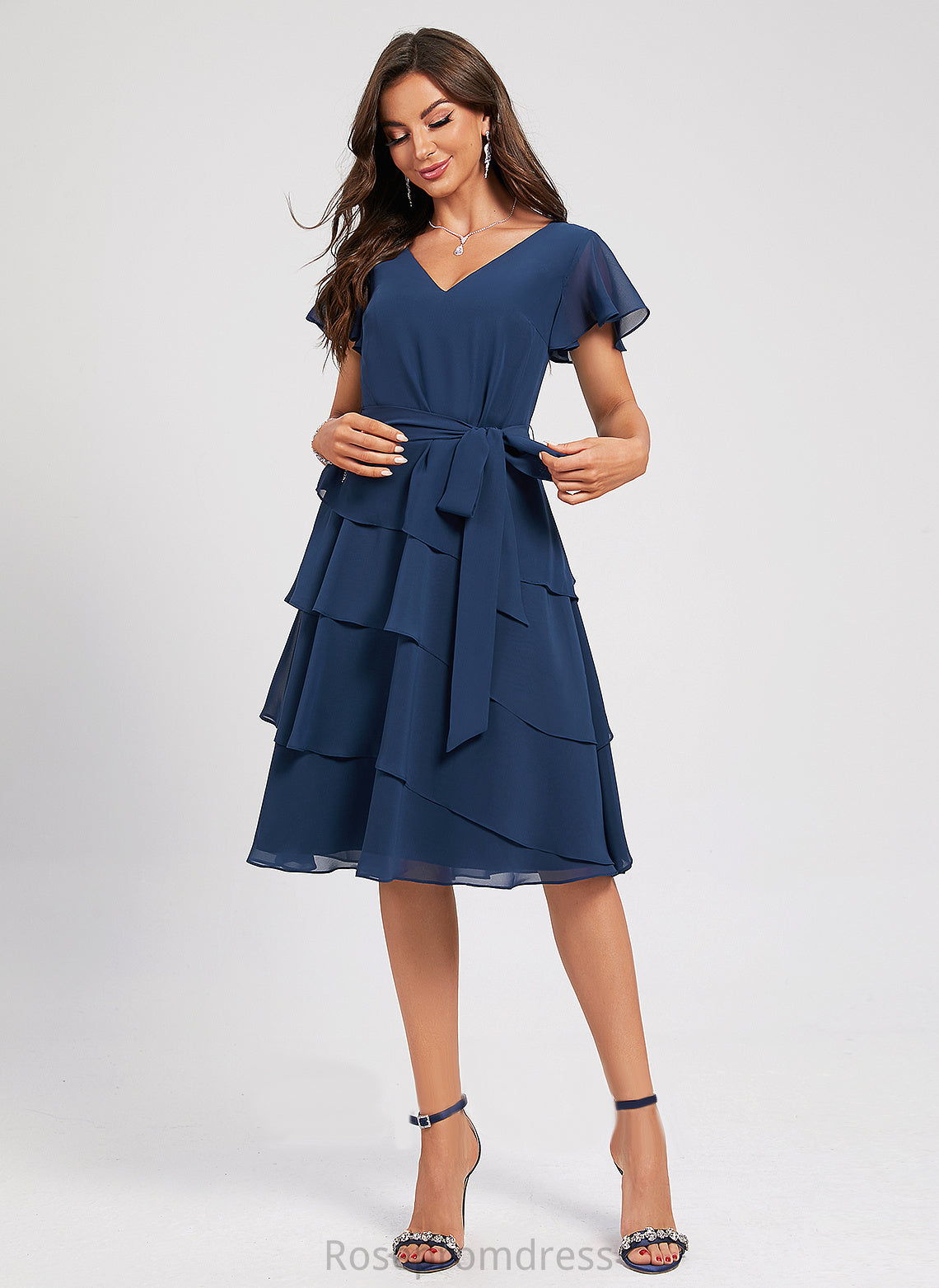 Ruffle Chiffon Dress Knee-Length Sash A-Line With V-neck Cocktail Chloe Cocktail Dresses