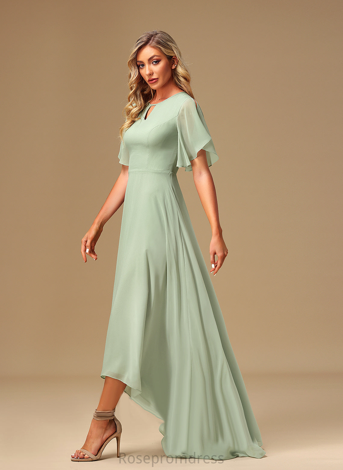 A-line Silhouette Straps&Sleeves Length Fabric BackStyle ShortSleeves Asymmetrical Viviana Bridesmaid Dresses