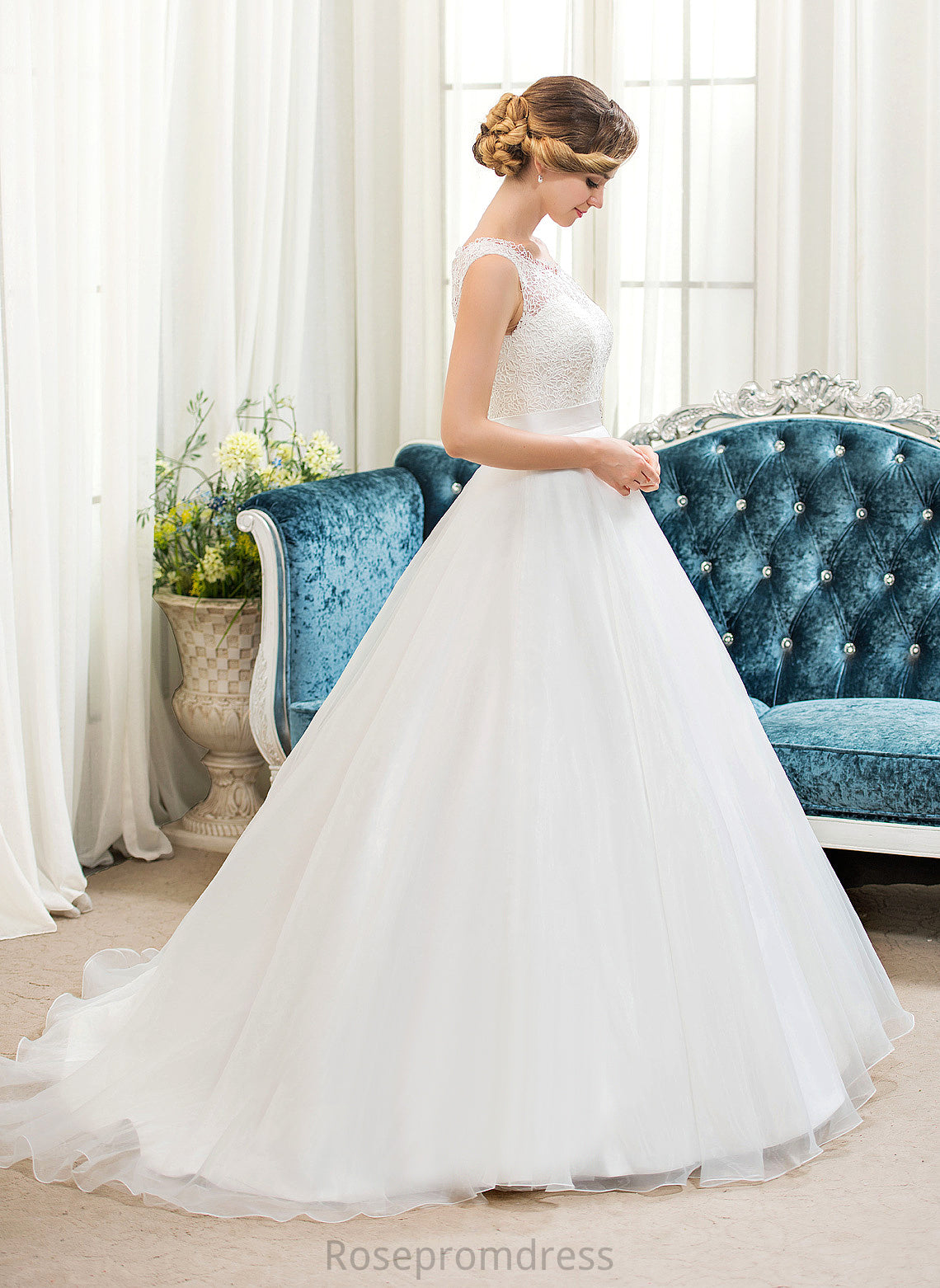 Ball-Gown/Princess Wedding Dresses Beading Sweep Dress Organza With Arielle Lace Wedding Train Satin Sequins