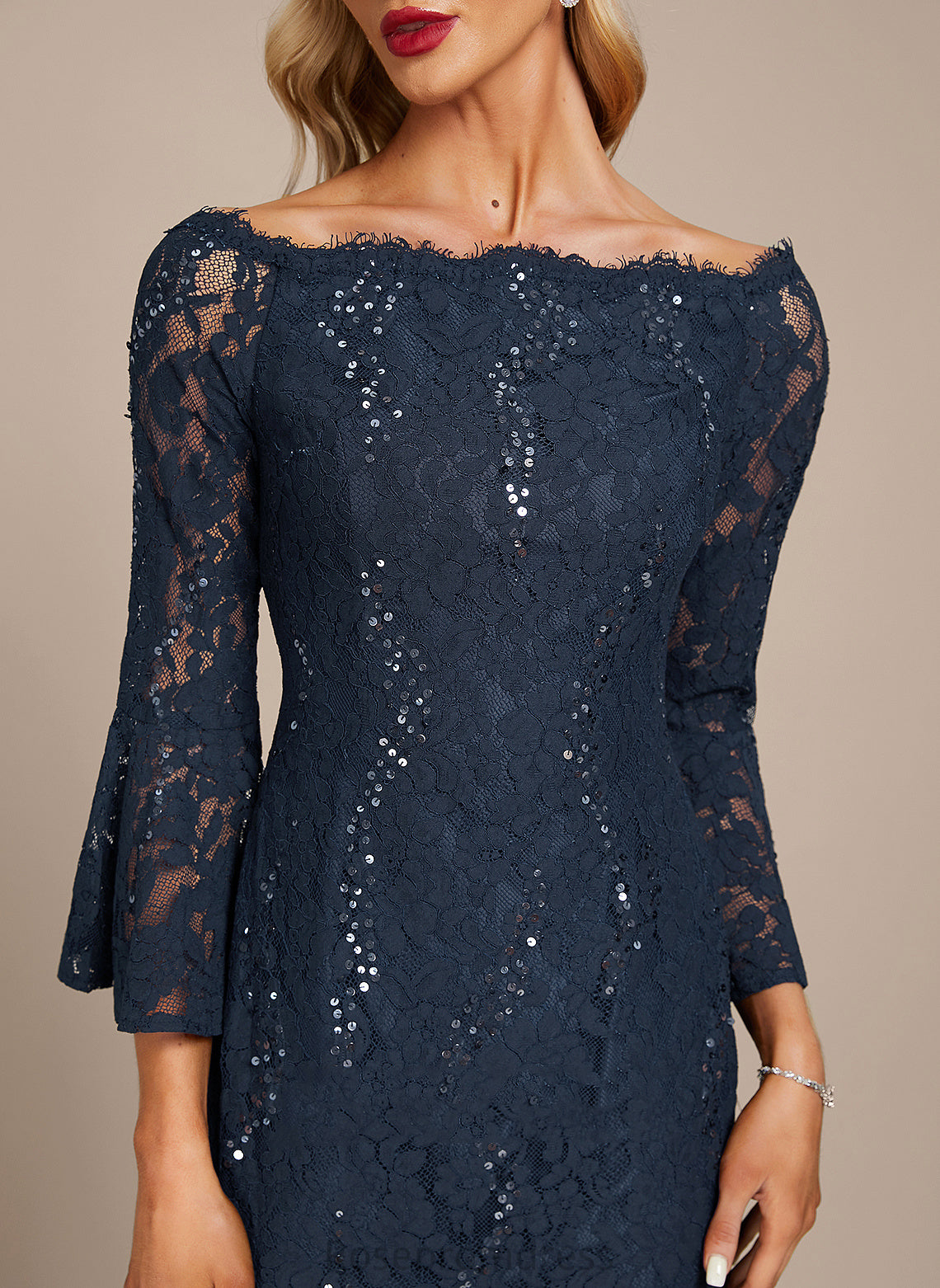 Knee-Length Lace Christine Cocktail Dress Off-the-Shoulder Sequins With Cocktail Dresses Sheath/Column