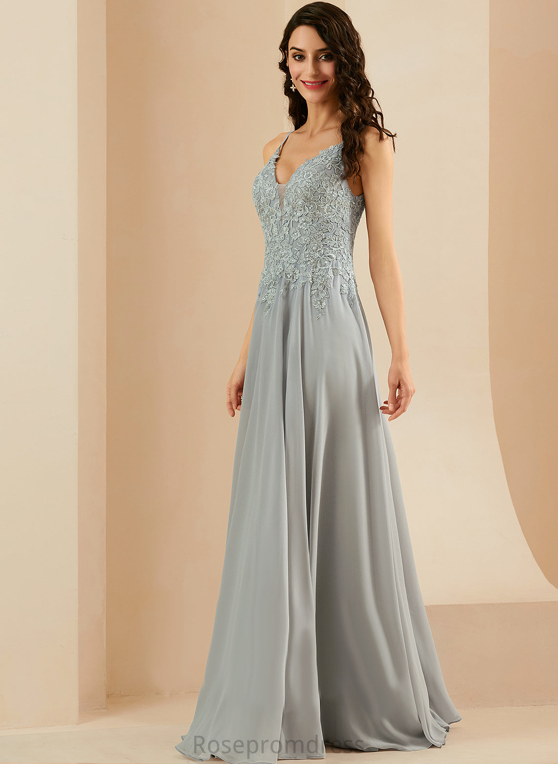 A-Line Floor-Length Lace Chiffon With Prom Dresses V-neck Sequins Brenna