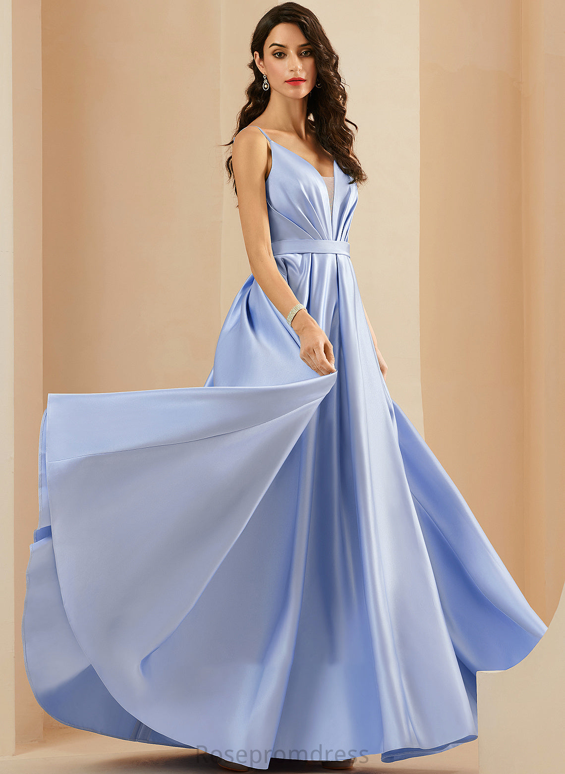 Floor-Length With V-neck Prom Dresses Pockets Satin Ruffle Kylee Ball-Gown/Princess