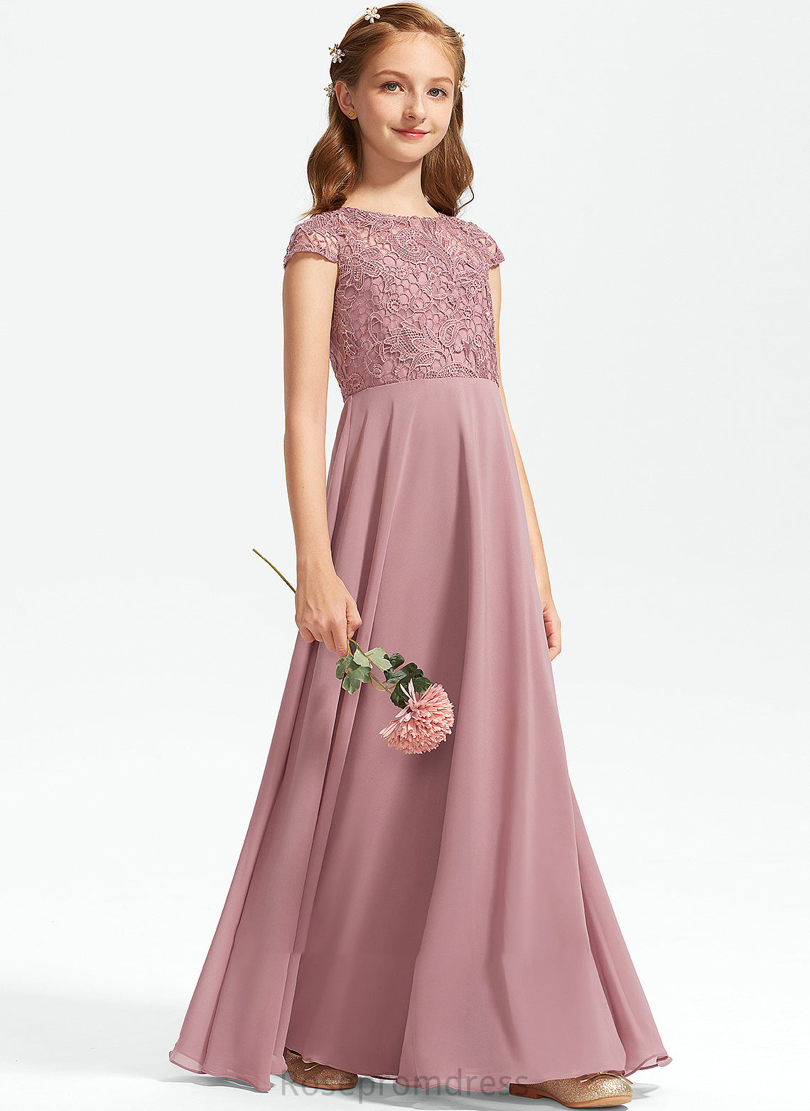 A-Line Chiffon Addyson Scoop Lace Neck Floor-Length Junior Bridesmaid Dresses