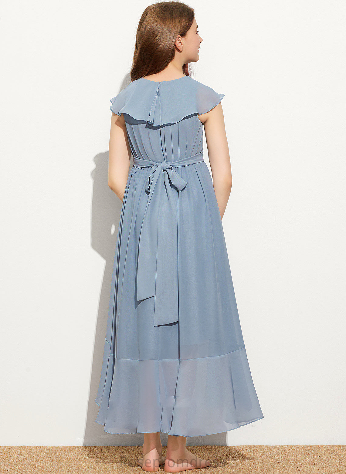 With Alannah Bow(s) Ruffles Cascading V-neck A-Line Junior Bridesmaid Dresses Asymmetrical Chiffon