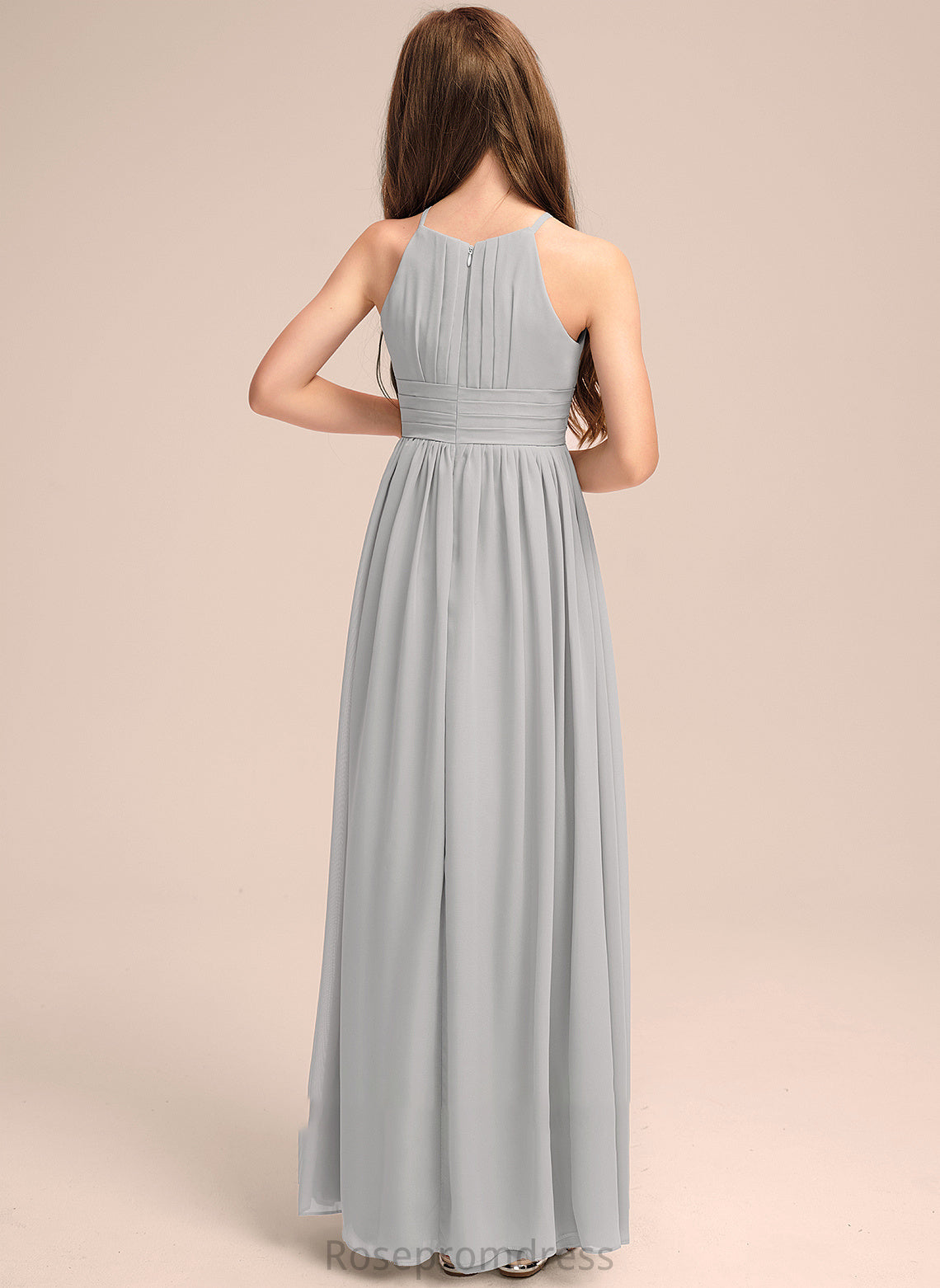 Ruffle Neck A-Line Aliya Chiffon Scoop With Floor-Length Junior Bridesmaid Dresses