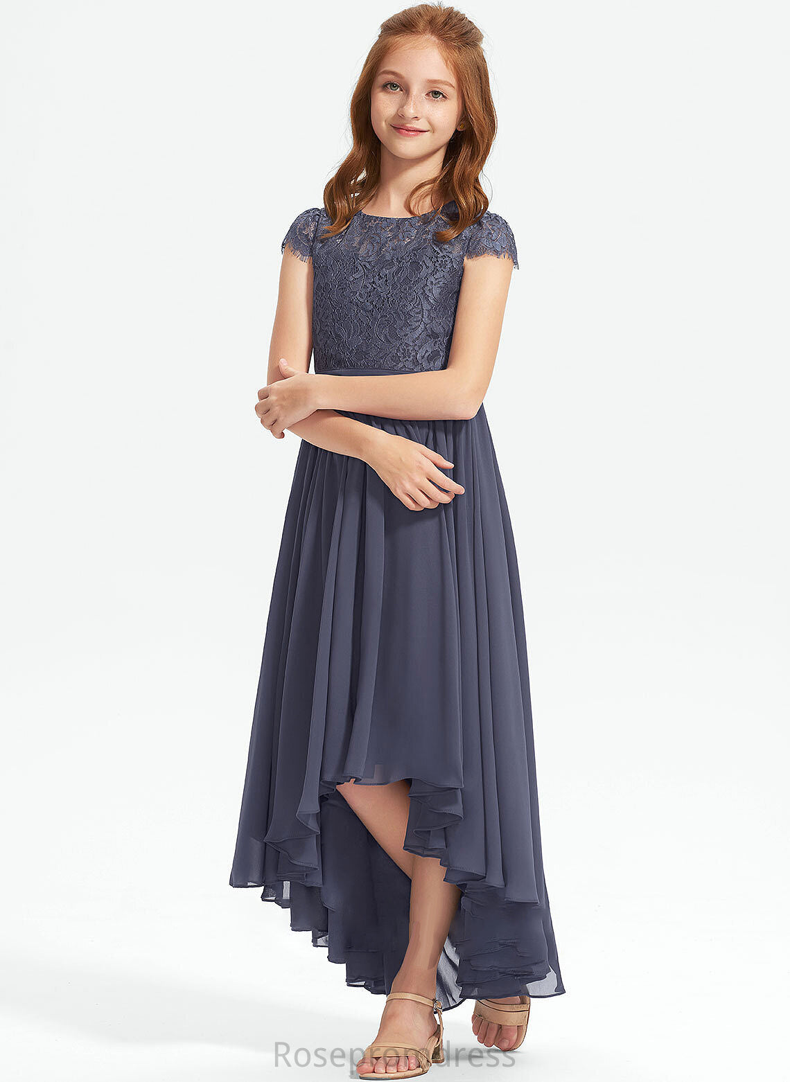 Asymmetrical Junior Bridesmaid Dresses Kirsten Scoop Neck Lace A-Line Chiffon