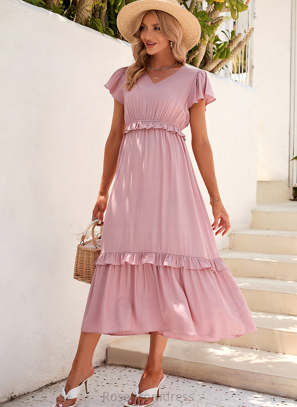 Straps Fabric Silhouette Tea-Length Neckline Polyester A-Line V-neck Length Anne Bridesmaid Dresses