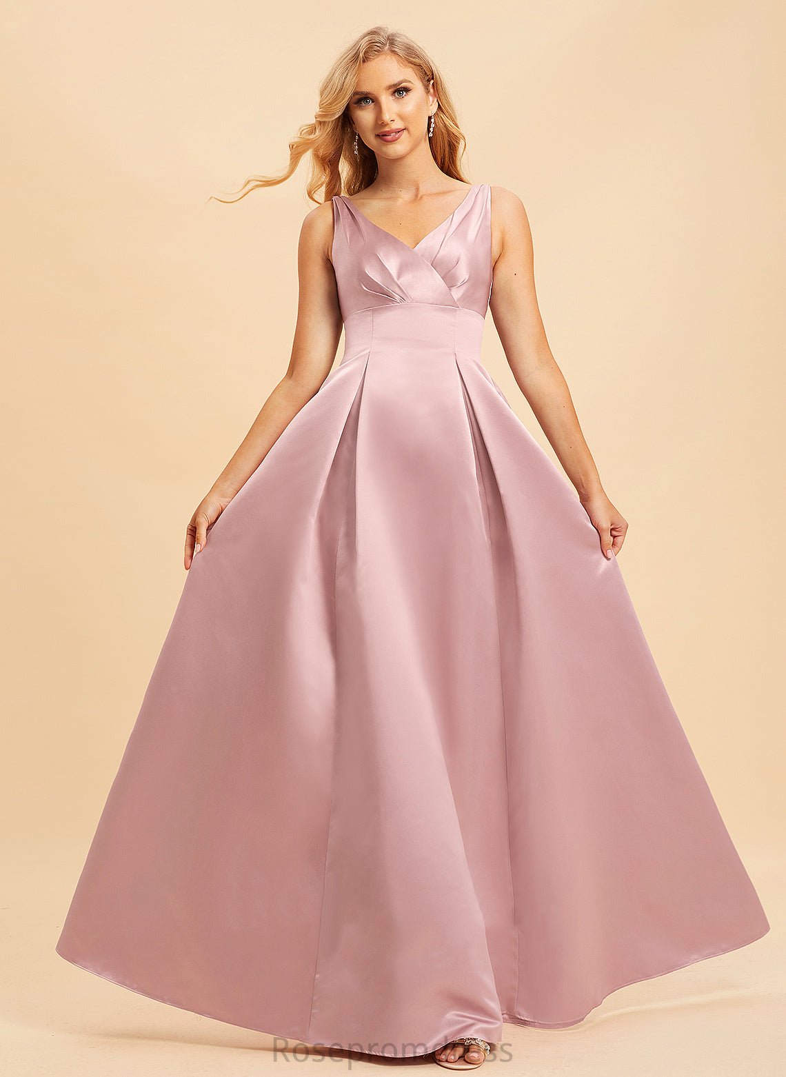 Floor-Length Silhouette A-Line V-neck Fabric Length Neckline Straps Satin Marin A-Line/Princess Natural Waist Bridesmaid Dresses