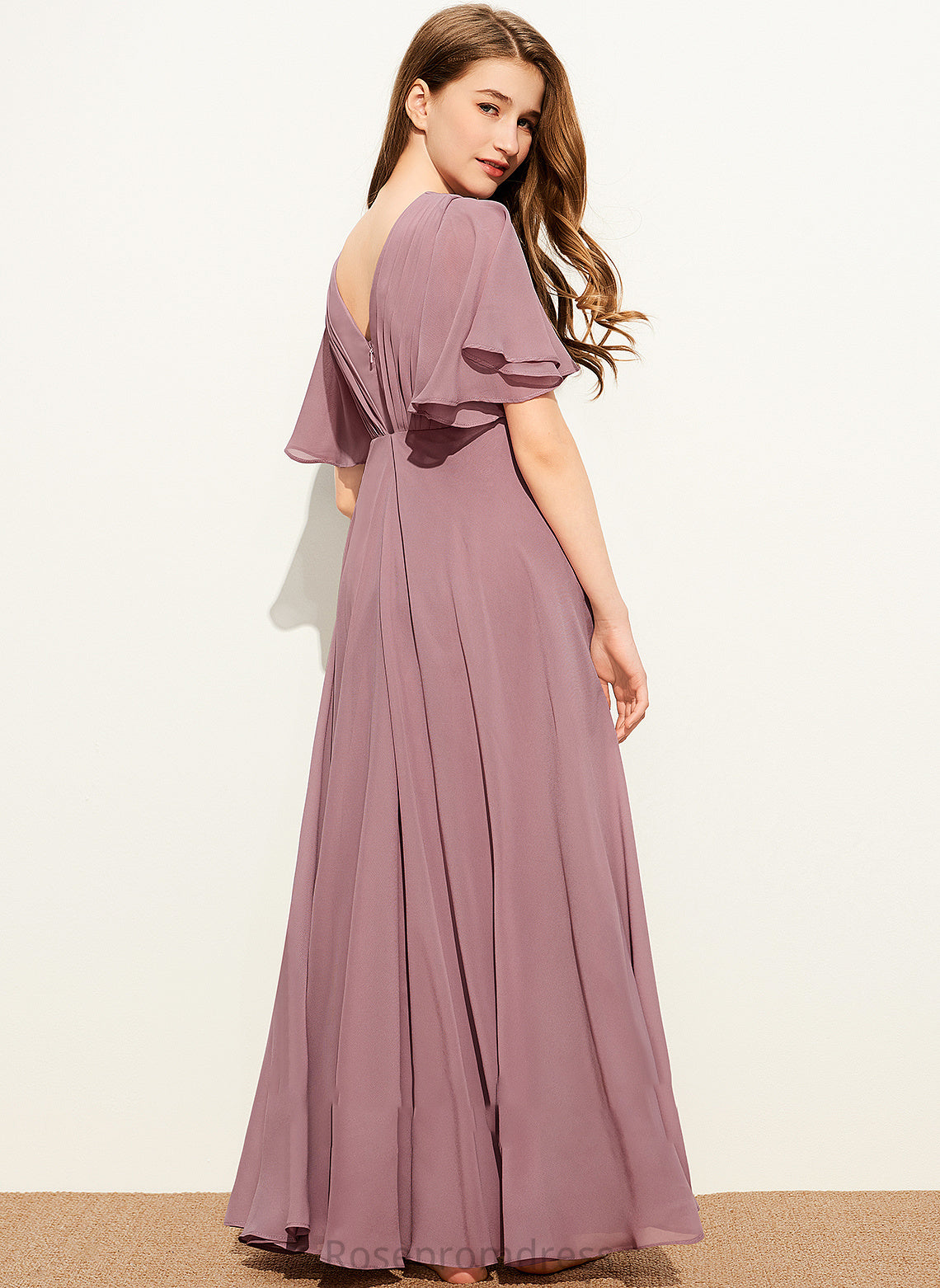 Floor-Length Junior Bridesmaid Dresses With A-Line V-neck Jacquelyn Ruffle Chiffon