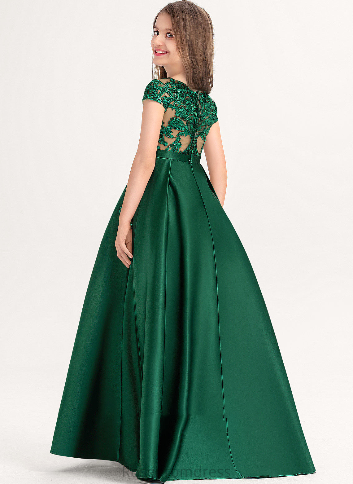 Neck Pockets Floor-Length Scoop Bow(s) Junior Bridesmaid Dresses Lace With Satin Ball-Gown/Princess Pamela