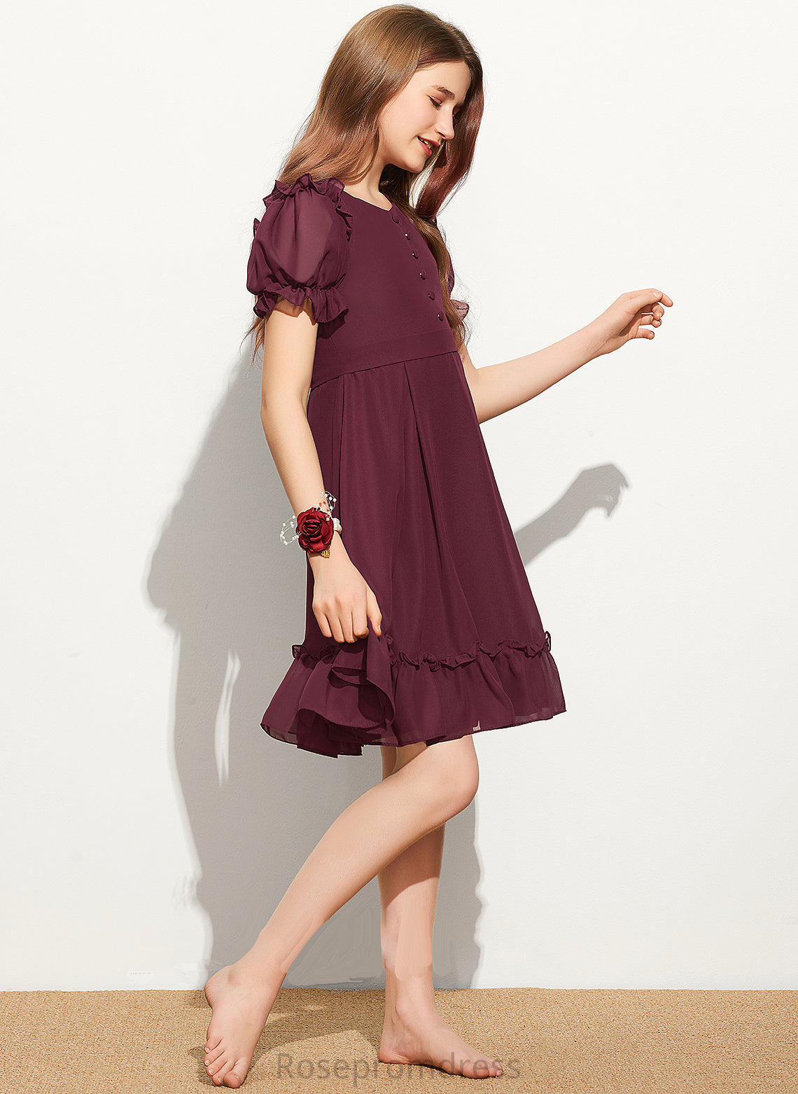 Neck With Scoop Bow(s) Cascading Ruffles Ava Knee-Length A-Line Junior Bridesmaid Dresses Chiffon