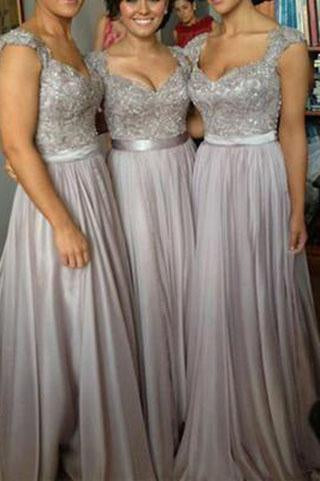 Lace Grey Long Chiffon Sexy Sweetheart Cap Sleeve A-Line Lace up Appliques Bridesmaid Dresses RS46