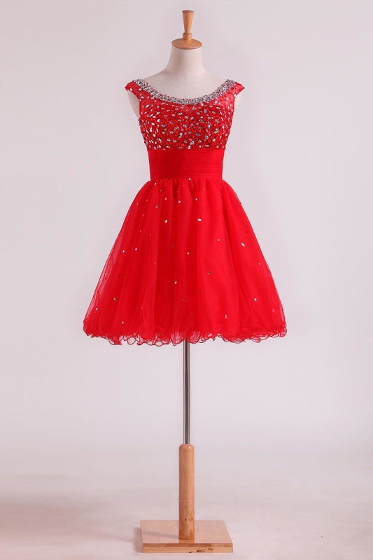 2024 Bateau A Line Short/Mini Homecoming Dresses With Beads & Ruffles Open Back