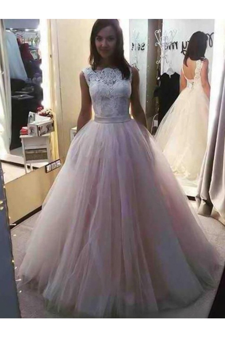 A-Line/Princess Bateau Sleeveless Sweep/Brush Train Lace Tulle Dresses