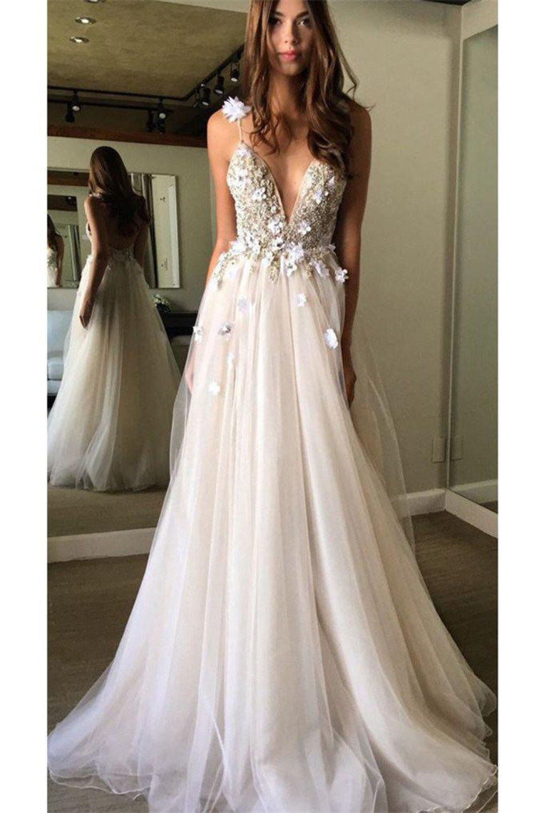 Spaghetti Straps Long V-Neck Elegant Open Back Flowy Prom Dresses