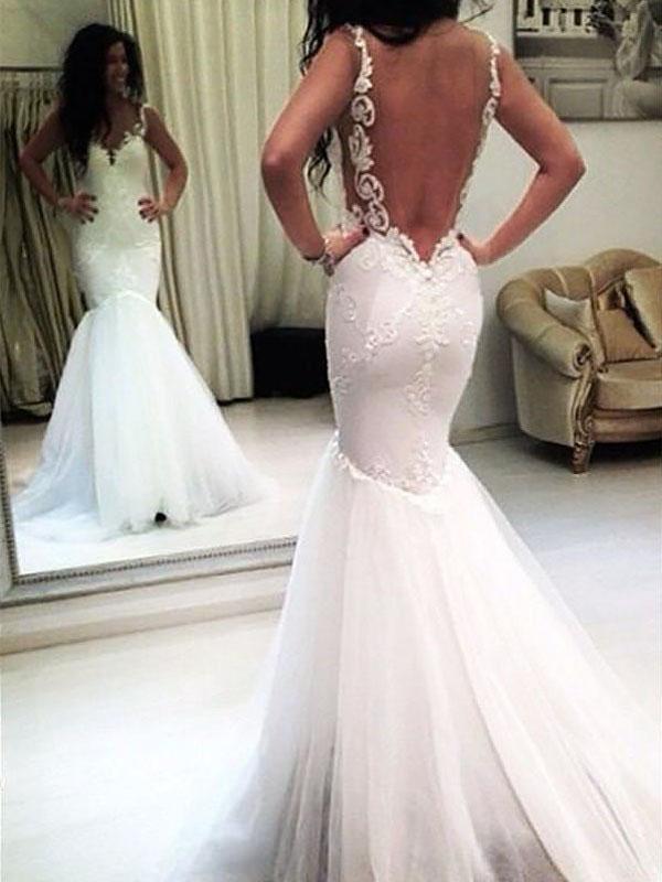 Elegant Mermaid White V Neck Appliques Wedding Dresses, Tulle Beach Wedding Gowns SRS15183