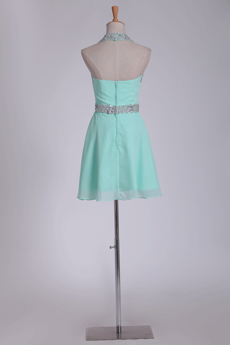 2024 Mint Homecoming Dresses Halter A-Line Short/Mini Chiffon With Beading