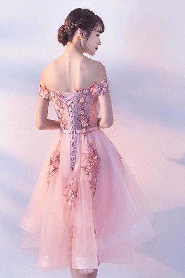 Pink Lace Tulle Short Prom Dress Off-the-Shoulder Appliques Lace up Homecoming Dresses SRSPST13190