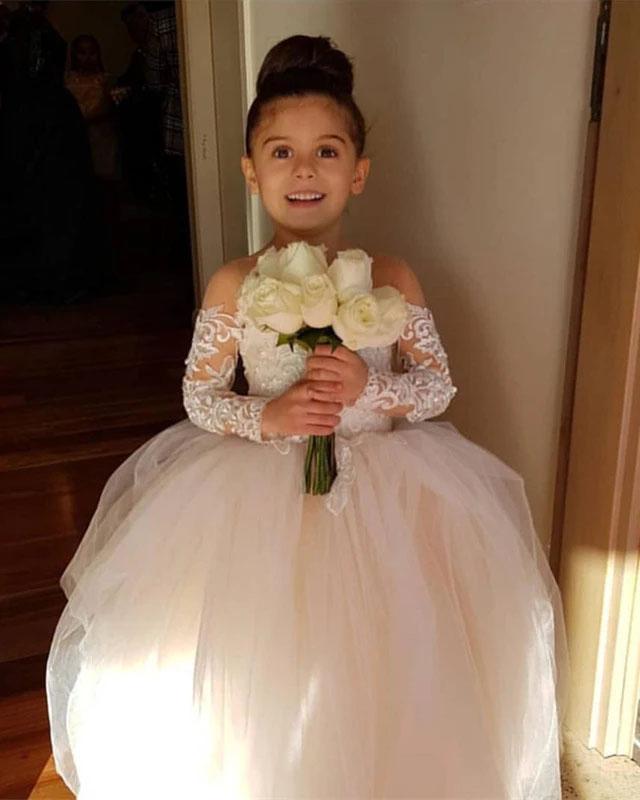 Ball Gown Long Sleeve Tulle Appliques Flower Girl Dresses with Bowknot, Baby Dresses SRS15560