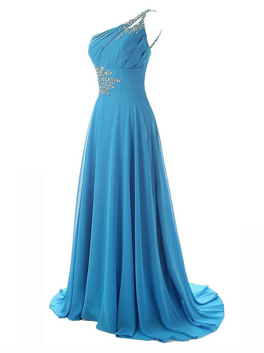 One Shoulder Beadings Chiffon Bridesmaid Long Prom Dresses