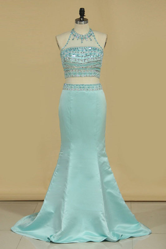 2024 Halter Two Pieces Beaded Bodice Open Back Prom Dresses Mermaid Satin & Tulle