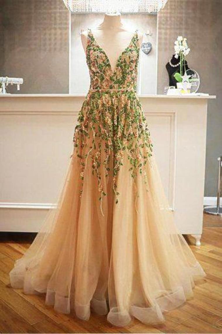 Criss Cross Back Appliqued Tulle Prom Dress With Ribbon