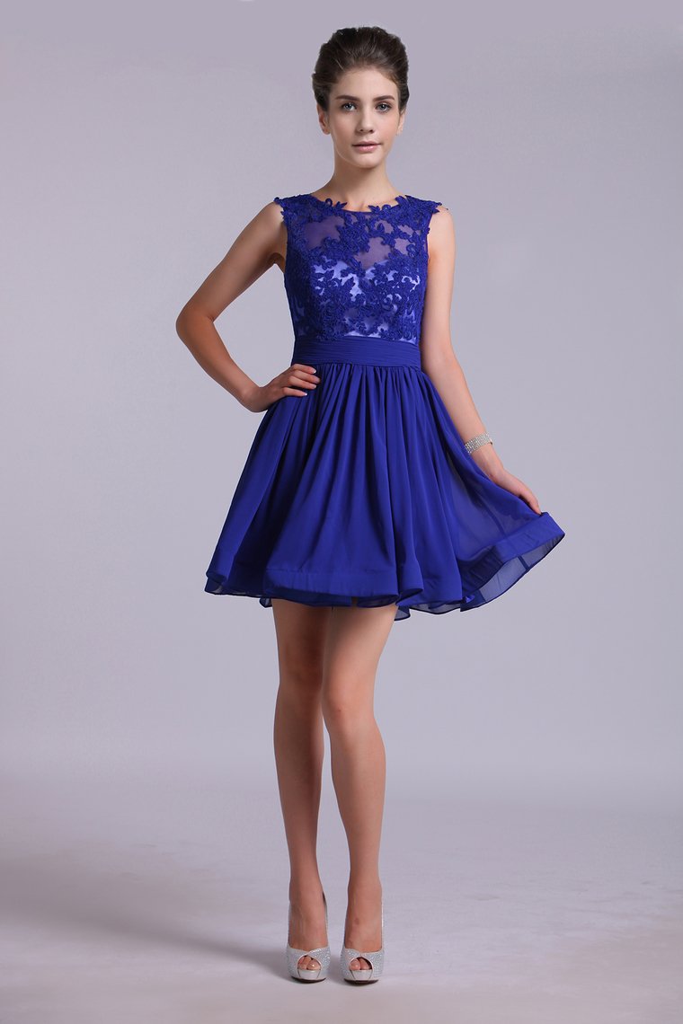 2024 Hot Selling Homecoming Dresses Scoop A-Line Short/Mini Chiffon Dark Royal Blue