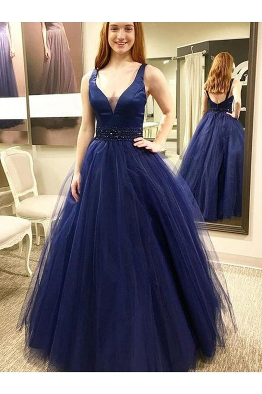 Ball Gown Sleeveless V-Neck Floor-Length Beading Tulle Dresses