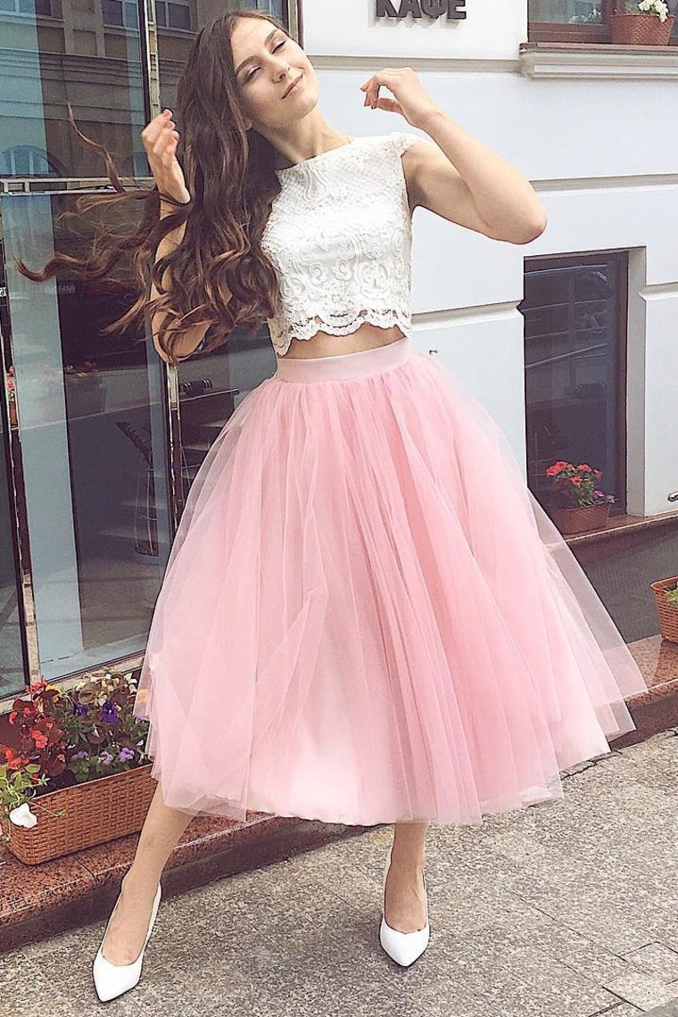 2024 Two-Piece Homecoming Dresses Bateau A Line Tulle & Lace Tea Length