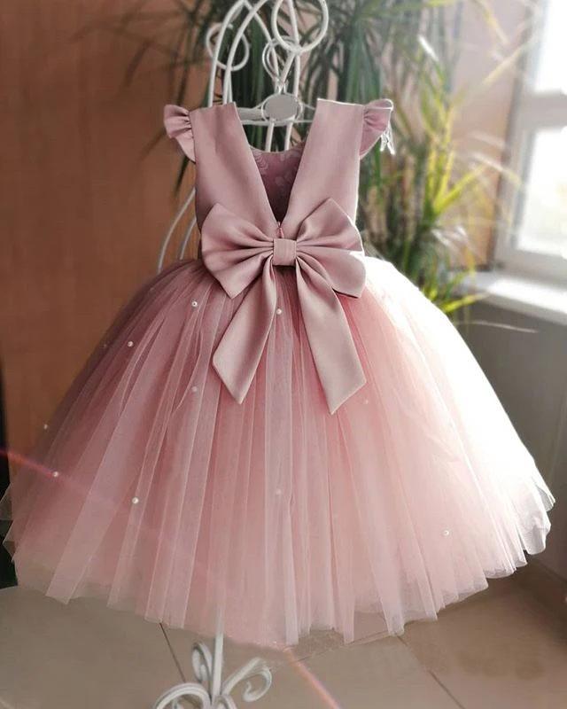 Lovely Pretty Pink Round Neck Tulle Flower Girl Dresses, Cheap Wedding Little Girl SRS15258