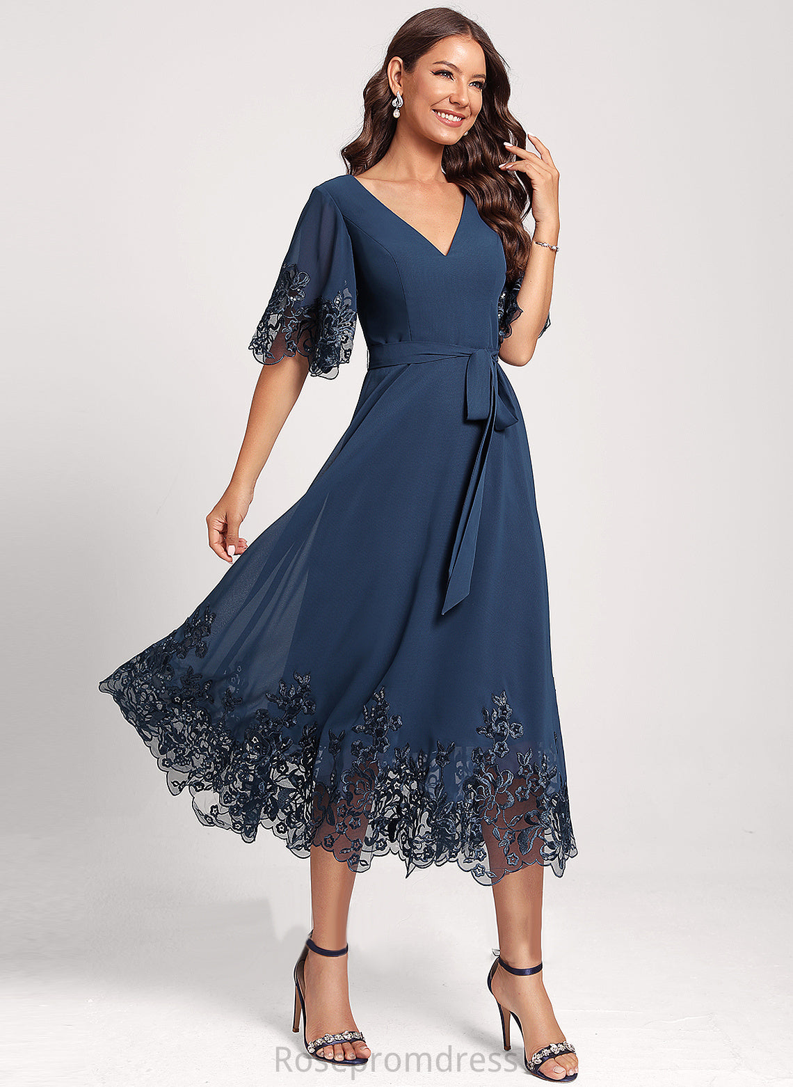 Chiffon Izabella A-Line Cocktail Club Dresses Sequins V-neck Lace With Tea-Length Dress