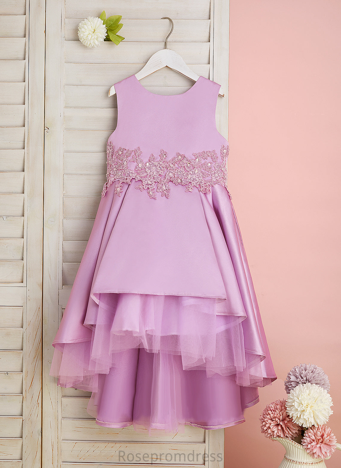 Flower Satin/Tulle Girl A-Line Dress Tori Flower Girl Dresses Sleeveless Neck - Asymmetrical With Lace/Beading/Bow(s) Scoop