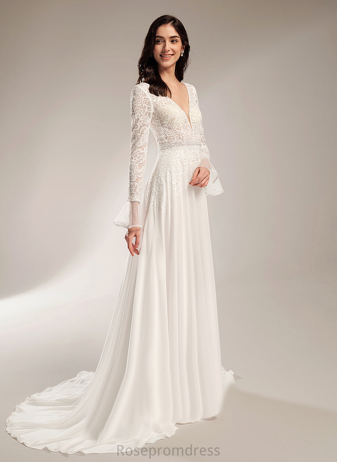 Chiffon Wedding Dresses Wedding Ruffle Court V-neck With Dress Ayla Lace Train A-Line