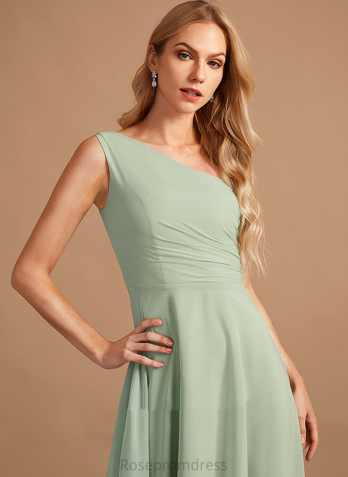 A-Line Embellishment One-Shoulder Fabric Ruffle Length Silhouette Neckline Asymmetrical Livia Natural Waist V-Neck Bridesmaid Dresses