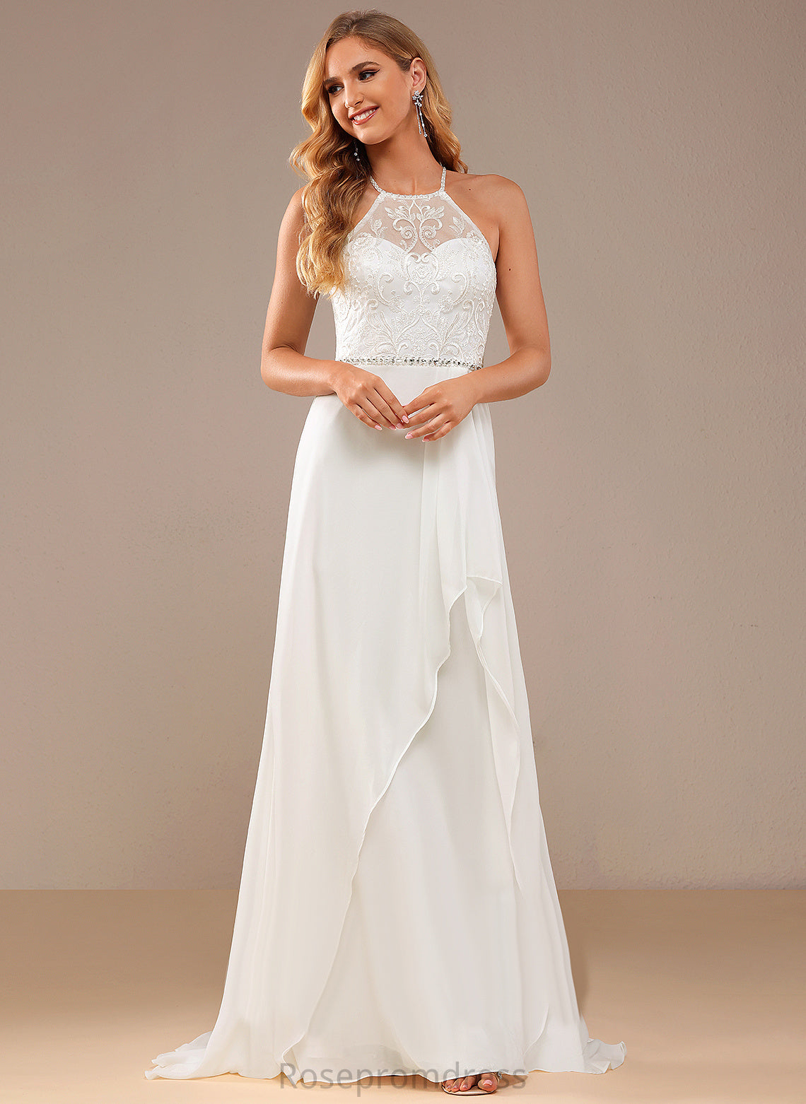 Sweep Wedding Chiffon Monserrat A-Line Train With Sequins Neck Beading Lace Wedding Dresses Lace Dress High