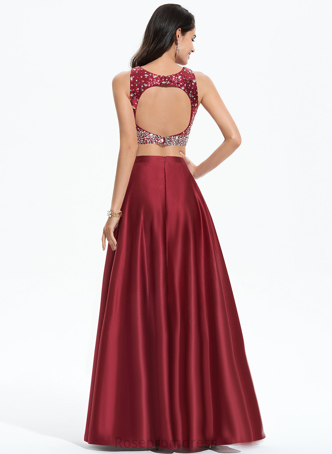 Scoop A-Line Sequins Beading Floor-Length Amara With Prom Dresses Satin